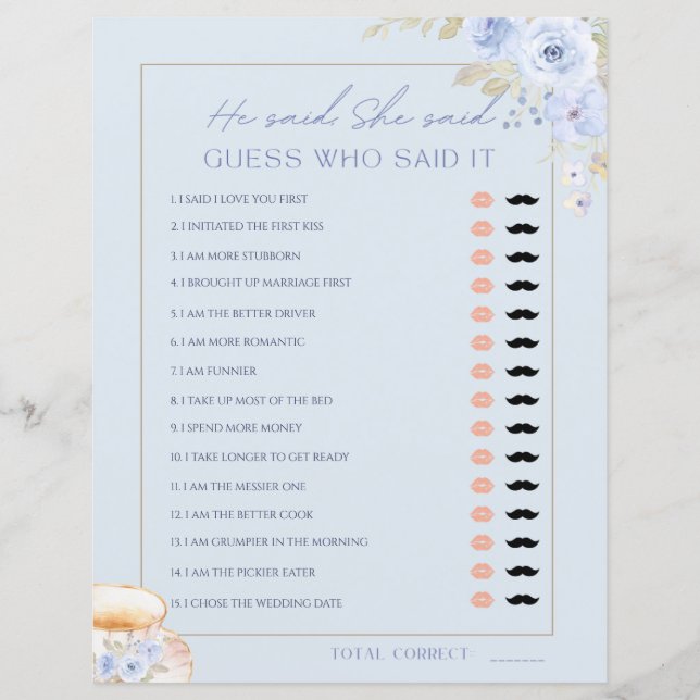 Love is Brewin He Said She Said Bridal Shower Game (Front)