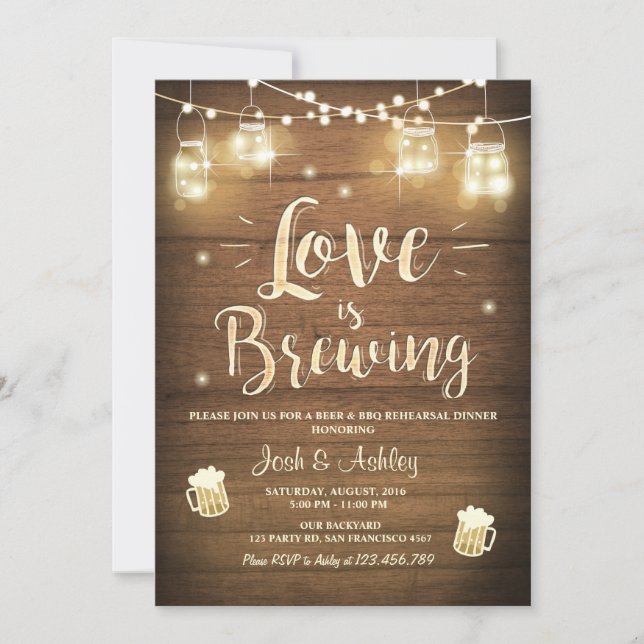 Love is brewing bbq rehearsal bridal shower Wood Invitation (Front)