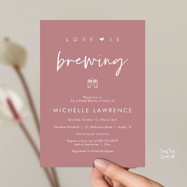 Love is brewing, Beer Party,  Bridal Shower Invitation (Love is brewing, Beer Party, Bridal Shower Invites card, booze love laughter, in dusty rose pink)