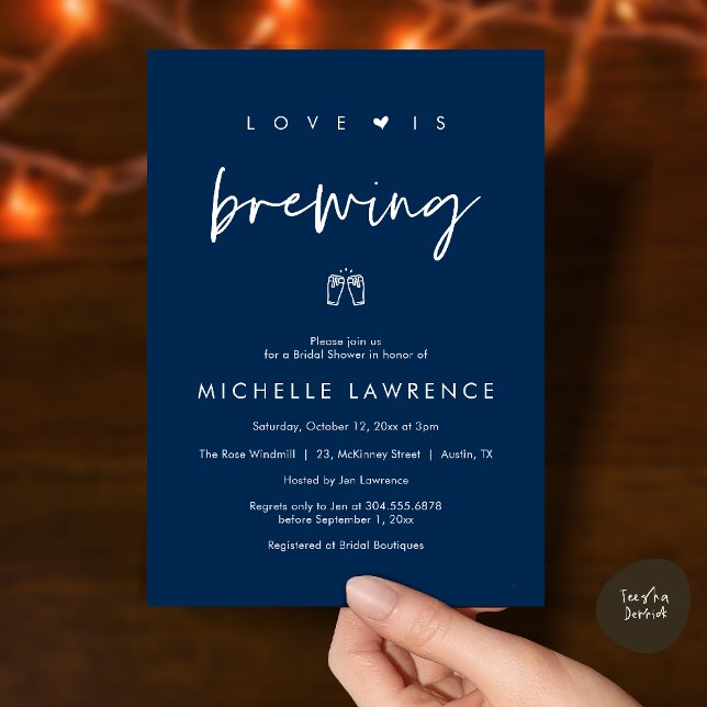 Love is brewing, Beer Party,  Bridal Shower Invitation (Love is brewing, Beer Party, Bridal Shower Invites card, booze love laughter, in navy blue)