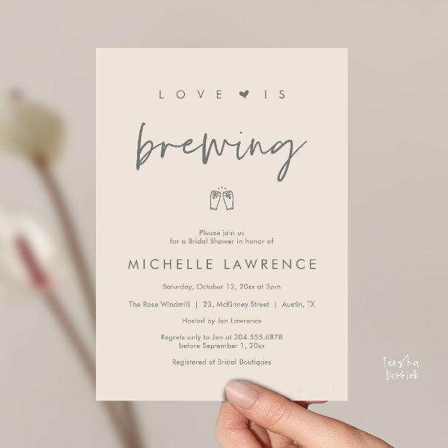 Love is brewing, Beer Party,  Bridal Shower Invitation (Love is brewing, Beer Party, Bridal Shower Invites card, booze love laughter, in cream grey)