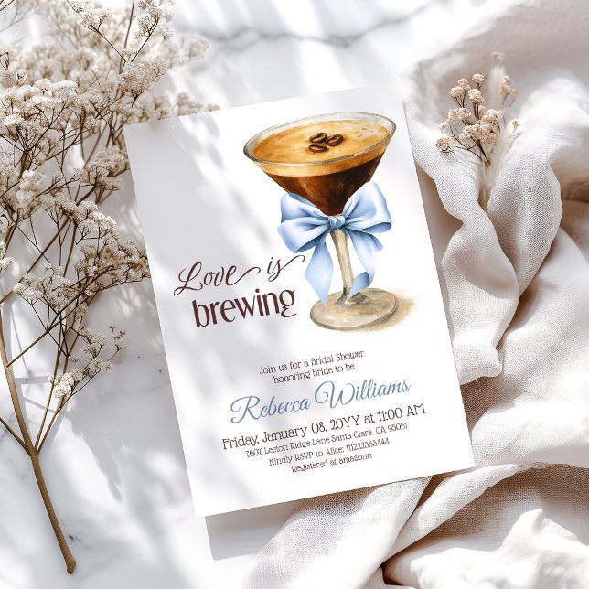 Love is Brewing Blue Bow Coffee Bridal Shower Invitation (Creator Uploaded)