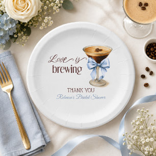 Love is Brewing Blue Bow Coffee Bridal Shower Paper Plate