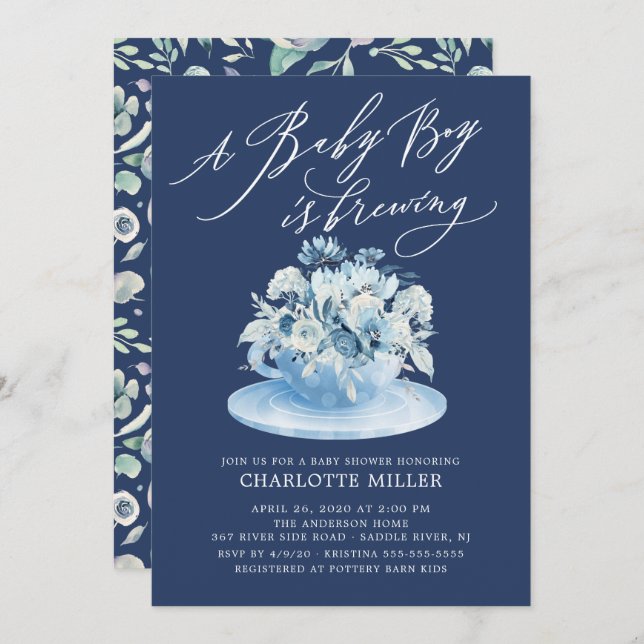 Love is Brewing Blue Floral Baby Boy Tea Shower Invitation (Front/Back)