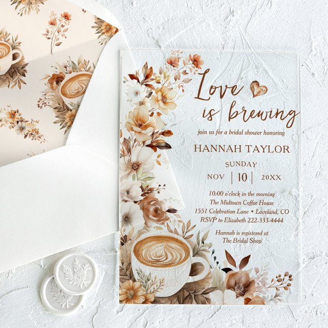 Love Is Brewing Boho Coffee Bridal Shower Acrylic Invitations (Creator Uploaded)