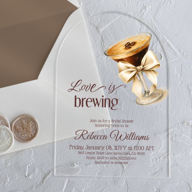 Love is Brewing Bow Espresso Martini Bridal Shower Acrylic Invitations (Creator Uploaded)