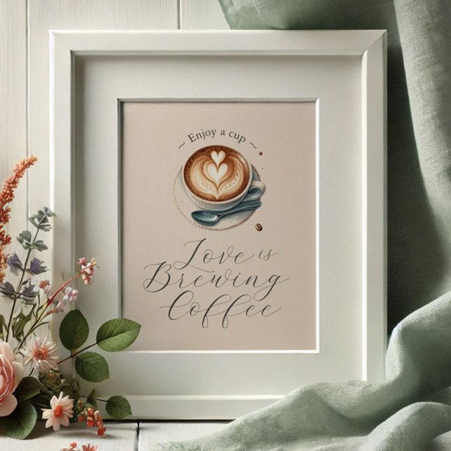 Love is Brewing Bridal Shower Coffee Bar Poster (Coffee bar sign love is brewing theme. Latte with heart shaped foam illustrated. )