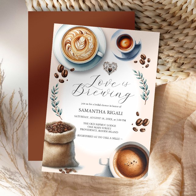 Love is Brewing Bridal Shower Coffee Invitation (Love is brewing bridal shower invitations feature illustrated coffee, latte, espresso and beans)