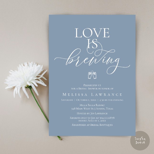 Love Is Brewing Bridal Shower | Elegant Script Invitation (Love Is Brewing Bridal Shower | Elegant Script Invitation Card in Dusty Blue)
