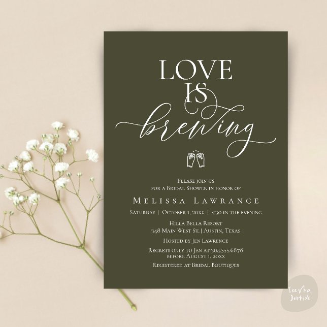 Love Is Brewing Bridal Shower | Elegant Script Invitation (Love Is Brewing Bridal Shower | Elegant Script Invitation Card in Olive Green)