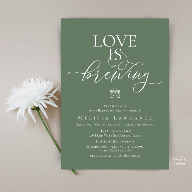 Love Is Brewing Bridal Shower | Elegant Script Invitation (Love Is Brewing Bridal Shower | Elegant Script Invitation Card in Sage Green)