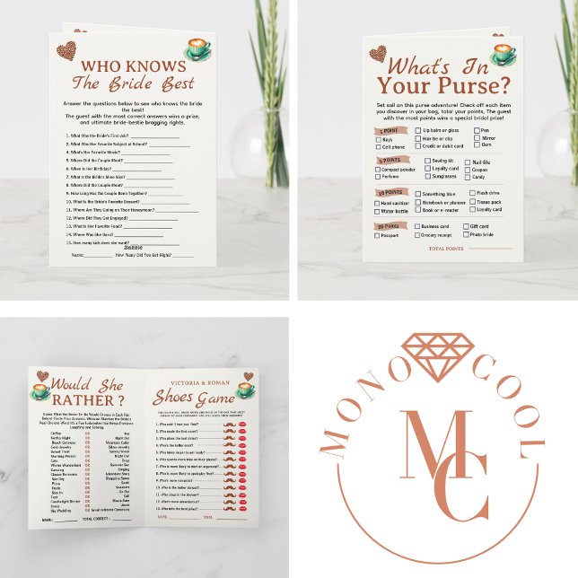 Love Is Brewing Bridal Shower Party 4 Games Fun Card (love is brewing bridal shower party games, warm terracotta, mocha brown, soft neutral tones, winter)