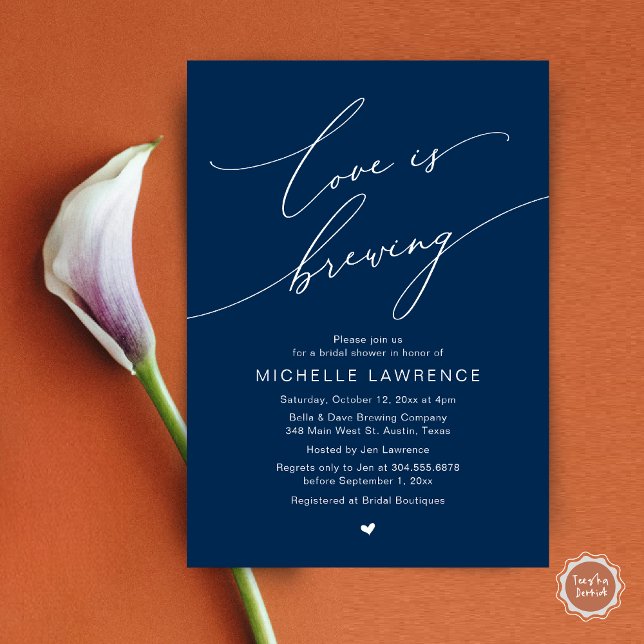 Love is Brewing, Bridal Shower Party Celebration Invitation (Love is Brewing, Bridal Shower Beer Party Wine Tasting Invitation Card PDF Contemporary Navy Blue)