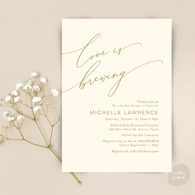 Love is Brewing, Bridal Shower Party Celebration Invitation (Love is Brewing, Bridal Shower Beer Party Wine Tasting Invitation Card PDF Contemporary Yellow Gold)