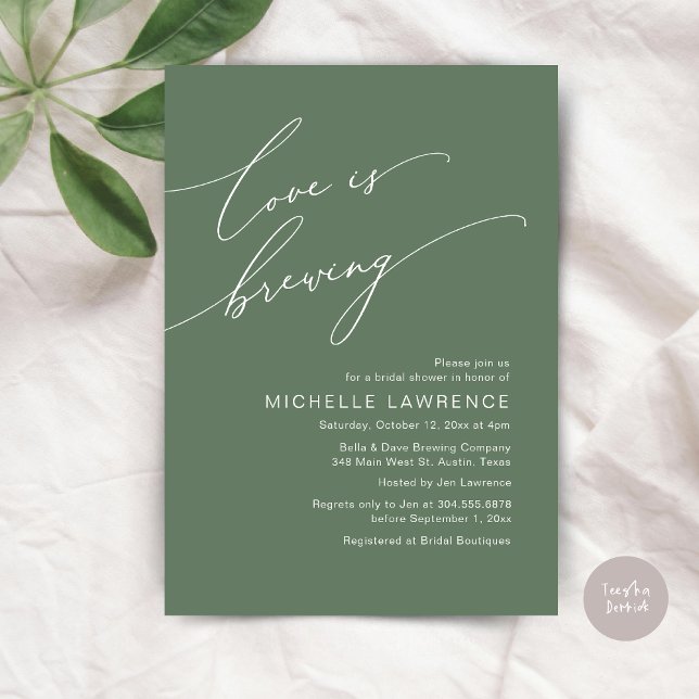 Love is Brewing, Bridal Shower Party Celebration Invitation (Love is Brewing, Bridal Shower Beer Party Wine Tasting Invitation Card PDF Contemporary Sage Green)