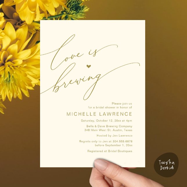 Love is Brewing, Bridal Shower Party Celebration Invitation (Love is Brewing, Bridal Shower Beer Party Wine Tasting Invitation Card PDF Contemporary Yellow Gold)