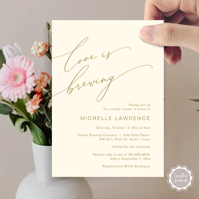 Love is Brewing, Bridal Shower Party Celebration Invitation (Love is Brewing, Bridal Shower Party Celebration Invitation Card, PDF, Yellow Gold)