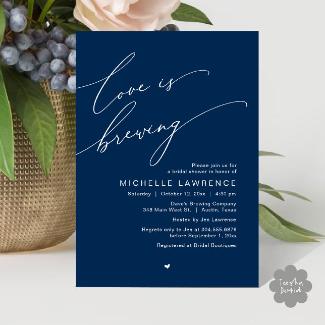 Love is Brewing, Bridal Shower Party Celebration Invitation (Love is Brewing, Bridal Shower Party Beer Wine Tasting Romantic Invites Card Charm Navy Blue)