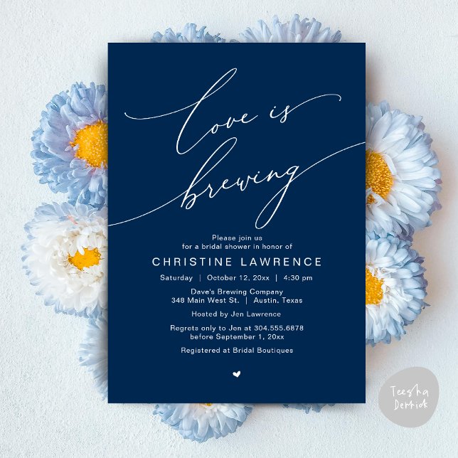 Love is Brewing, Bridal Shower Party Celebration Invitation (Love is Brewing, Bridal Shower Party Beer Wine Tasting Romantic Invites Card Charm Navy Blue)