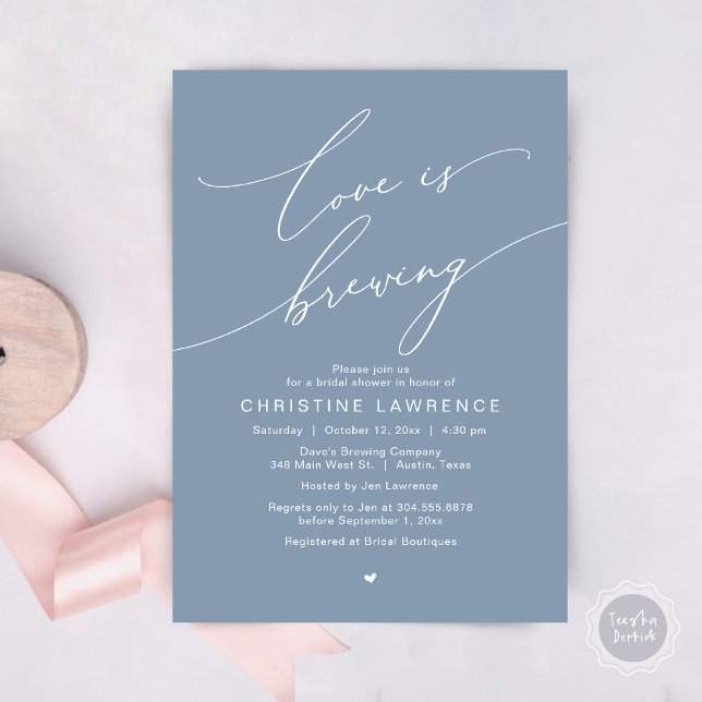 Love is Brewing, Bridal Shower Party Celebration Invitation (Love is Brewing, Bridal Shower Party Beer Wine Tasting Romantic Invites Card Charm Dusty Blue)