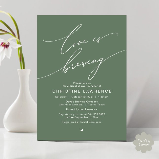 Love is Brewing, Bridal Shower Party Celebration Invitation (Love is Brewing, Bridal Shower Party Beer Wine Tasting Romantic Invites Card Charm Rustic Sage Green)