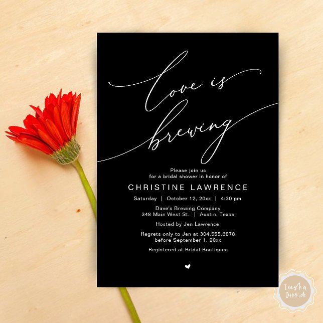 Love is Brewing, Bridal Shower Party Celebration Invitation (Love is Brewing, Bridal Shower Party Beer Wine Tasting Romantic Invites Card Charm Classy Black)