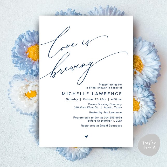Love is Brewing, Bridal Shower Party Celebration Invitation (Love is Brewing, Bridal Shower Party Beer Wine Tasting Romantic Invites Card Charm Navy Blue)