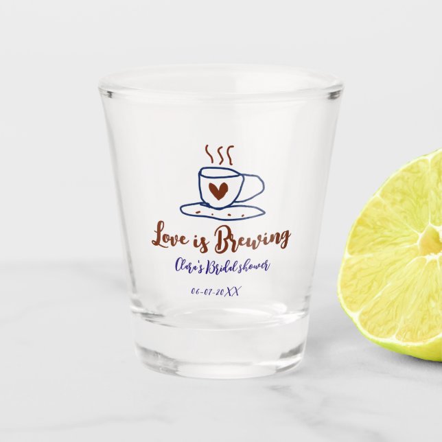 Love is Brewing brown blue bridal shower add name  Shot Glass (Front)