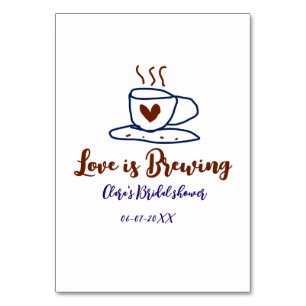 Love is Brewing brown blue bridal shower add name  Table Number