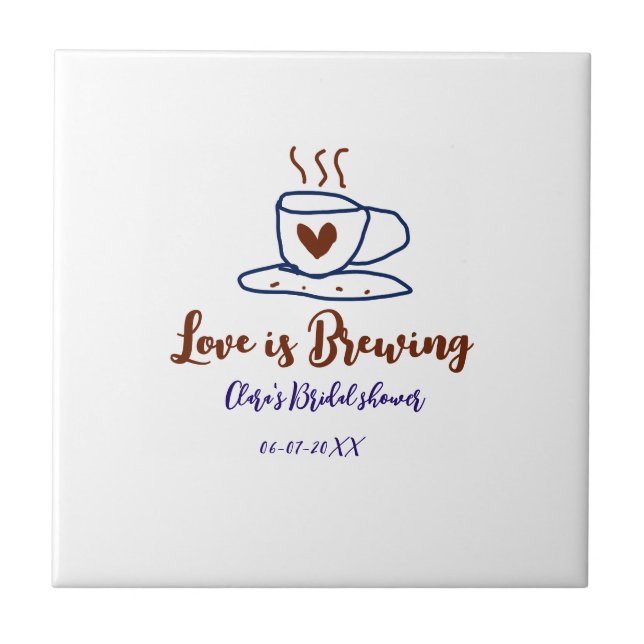 Love is Brewing brown blue bridal shower add name  Tile (Front)