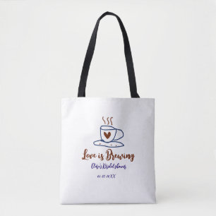 Love is Brewing brown blue bridal shower add name Tote Bag