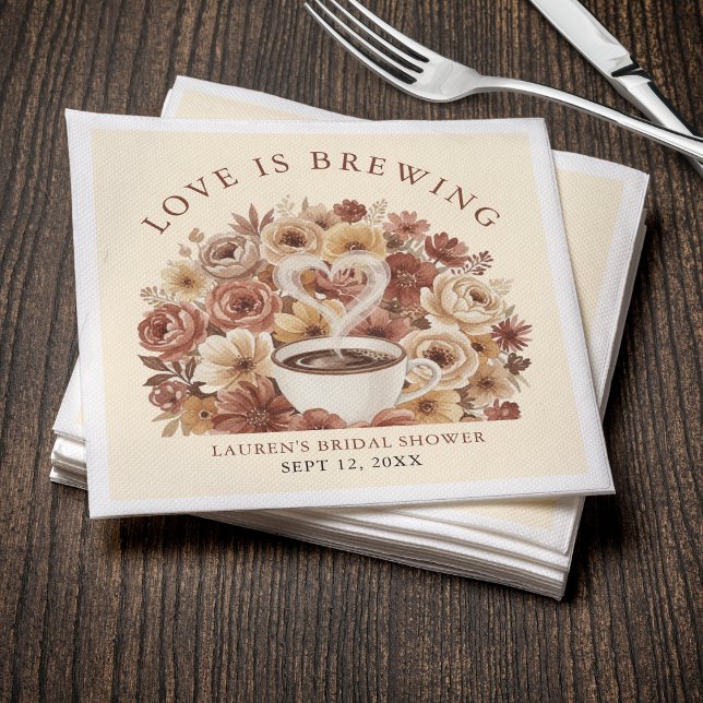 Love is Brewing Brown Floral Coffee Heart Bridal Napkin (Love is Brewing Brown Floral Coffee Heart Bridal Napkins
)