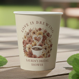 Love is Brewing Brown Floral Coffee Heart Bridal Paper Cups