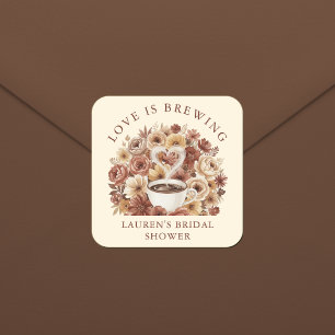 Love is Brewing Brown Floral Coffee Heart Bridal Square Sticker