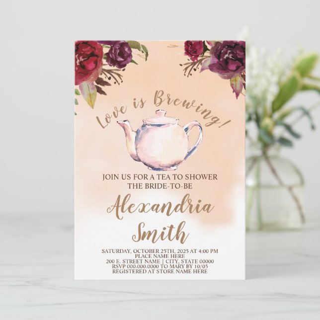 Love is Brewing | Burgundy Tea Bridal Shower Invitation (Standing Front)