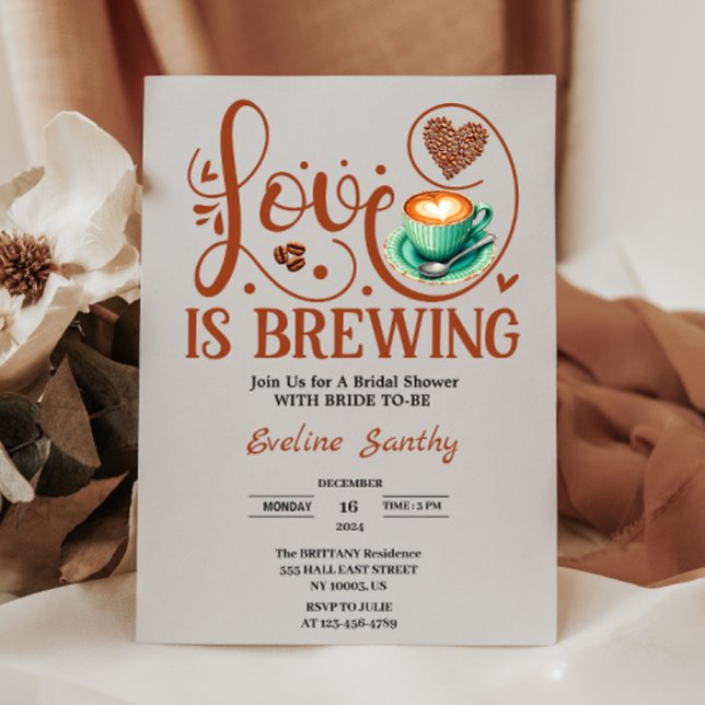 Love Is Brewing Cappuccino Heart Bridal Shower Invitation (love is brewing coffee theme wedding bridal shower heart bean brown greenery cup chic elegant simple)