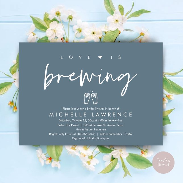 Love is brewing, Casual Beer Party Bridal Shower Invitation (Love is brewing, Modern Casual Romantic Beer Party Bridal Shower Invitation Card, PDF, Dusty Blue)