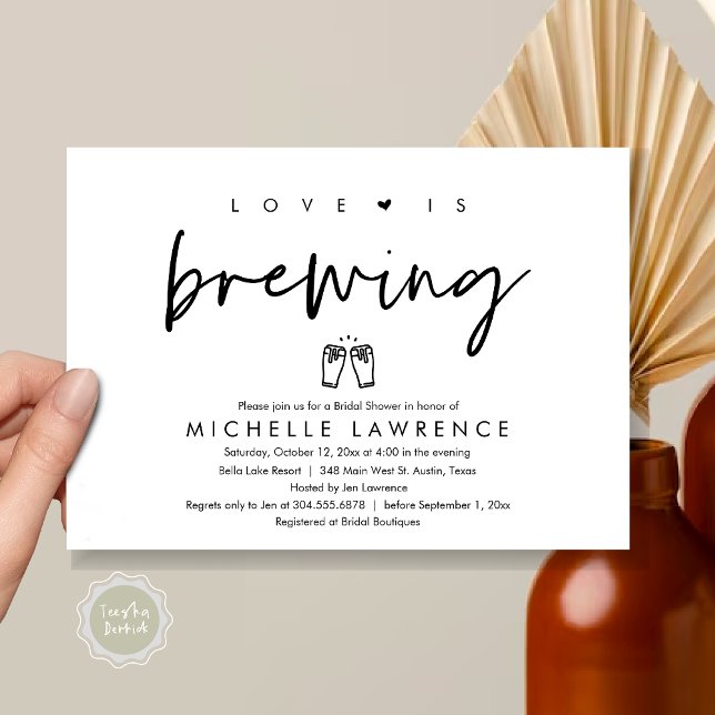 Love is brewing, Casual Beer Party Bridal Shower Invitation (Love is brewing, Modern Casual Romantic Beer Party Bridal Shower Invitation Card, PDF, White Black)