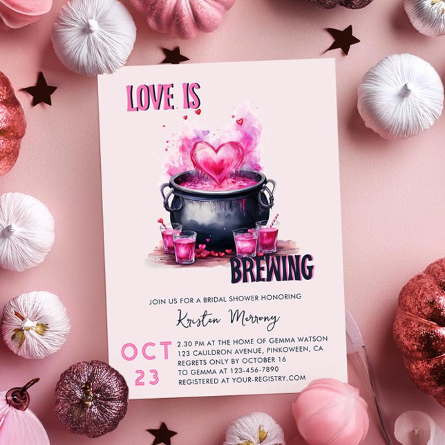 Love is Brewing Cauldron of Potion Bridal Shower Invitation (Love is Brewing Pink Halloween Bridal Shower Invitation by Darling & May)