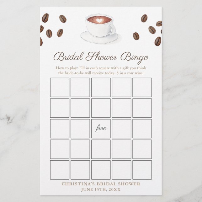 Love Is Brewing Coffee Bridal Shower Bingo Game (Front)
