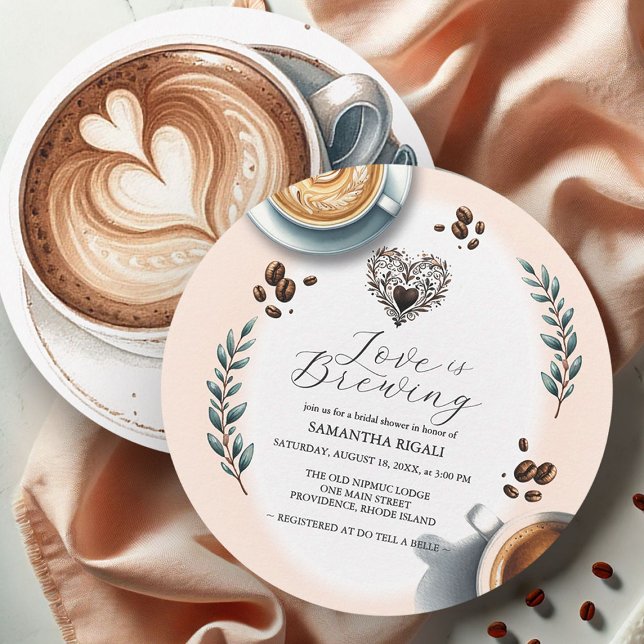 Love is Brewing Coffee Bridal Shower Round Invitation (Round coffee bridal shower invitations love is brewing by Victoria Grigaliunas Do Tell A Belle)