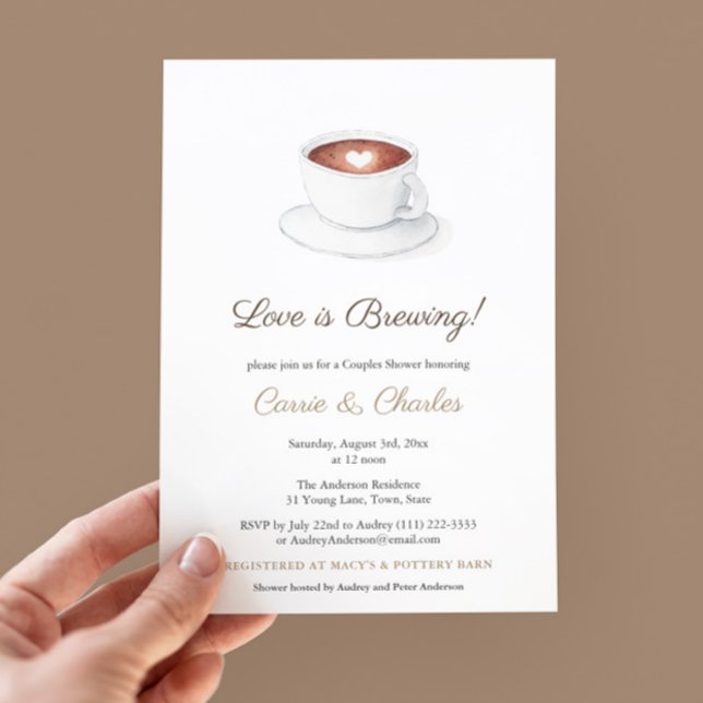 Love is Brewing Coffee Cup Wedding Shower Invitation (Love Is Brewing Coffee-themed Couples Wedding shower with watercolor coffee cup)