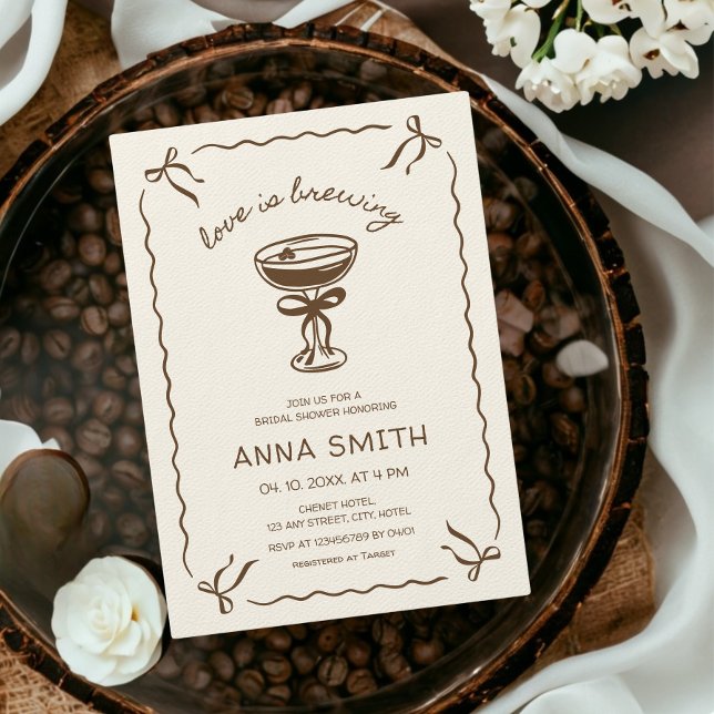 Love is Brewing Coffee Espresso Bridal Shower Invitation (Love is Brewing Hand Illustrated Coffee Espresso Martini Bow Bridal Shower Invitation)
