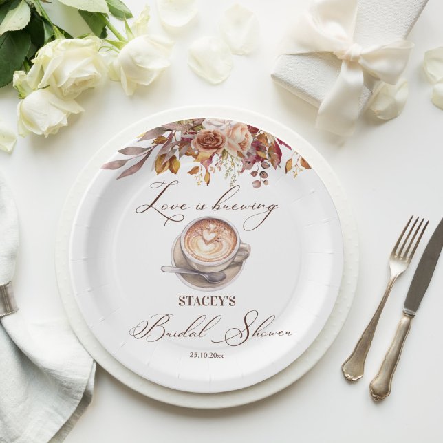 Love is brewing coffee fall bridal shower paper plate (Love is brewing coffee fall bridal shower personalized monogram printed paper plates table decor)