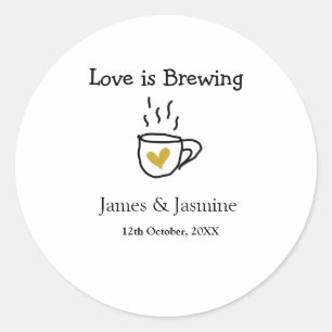 Love is Brewing coffee mug gold heart couple name Classic Round Sticker