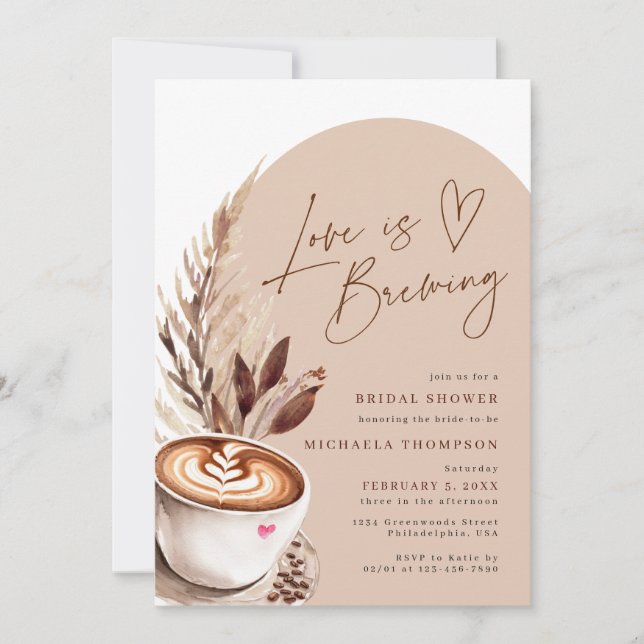 Love is Brewing Coffee Pampas Bridal Shower Invitation (Front)