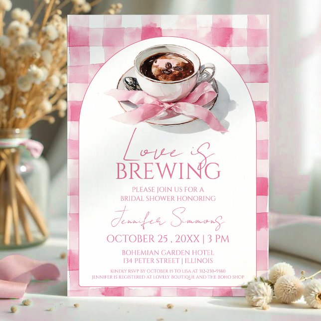Love Is Brewing Coffee Pink Bow Bridal Shower Invitation (Creator Uploaded)