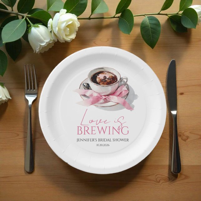 Love Is Brewing Coffee Pink Bow Bridal Shower Paper Plate (Creator Uploaded)