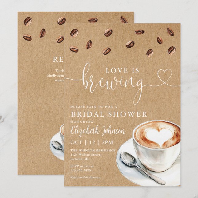 Love Is Brewing Coffee QR Code Bridal Shower Invitation (Front/Back)