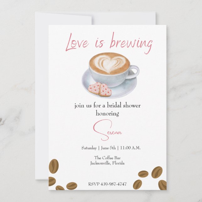 Love is brewing, coffee shop bridal shower invitation (Front)